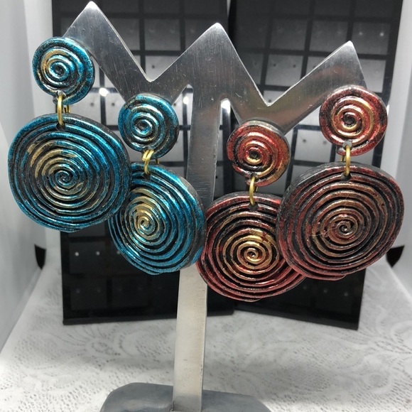 Artisan Jewelry - Retro Spiral Swirl Statement Rustic Modernist Abstruct Earrings Dangle Drop Long